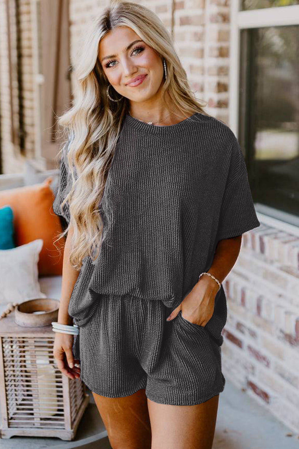 Carbon Grey Ribbed Textured Knit Loose Fit Tee and Shorts Set Dear-Lover Dropshipping