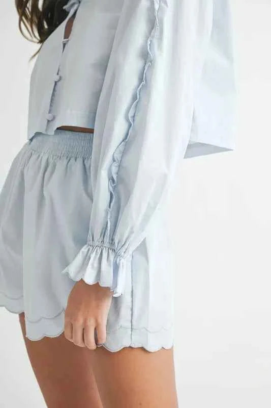 Long Sleeve Scallop Blouse and Shorts Set