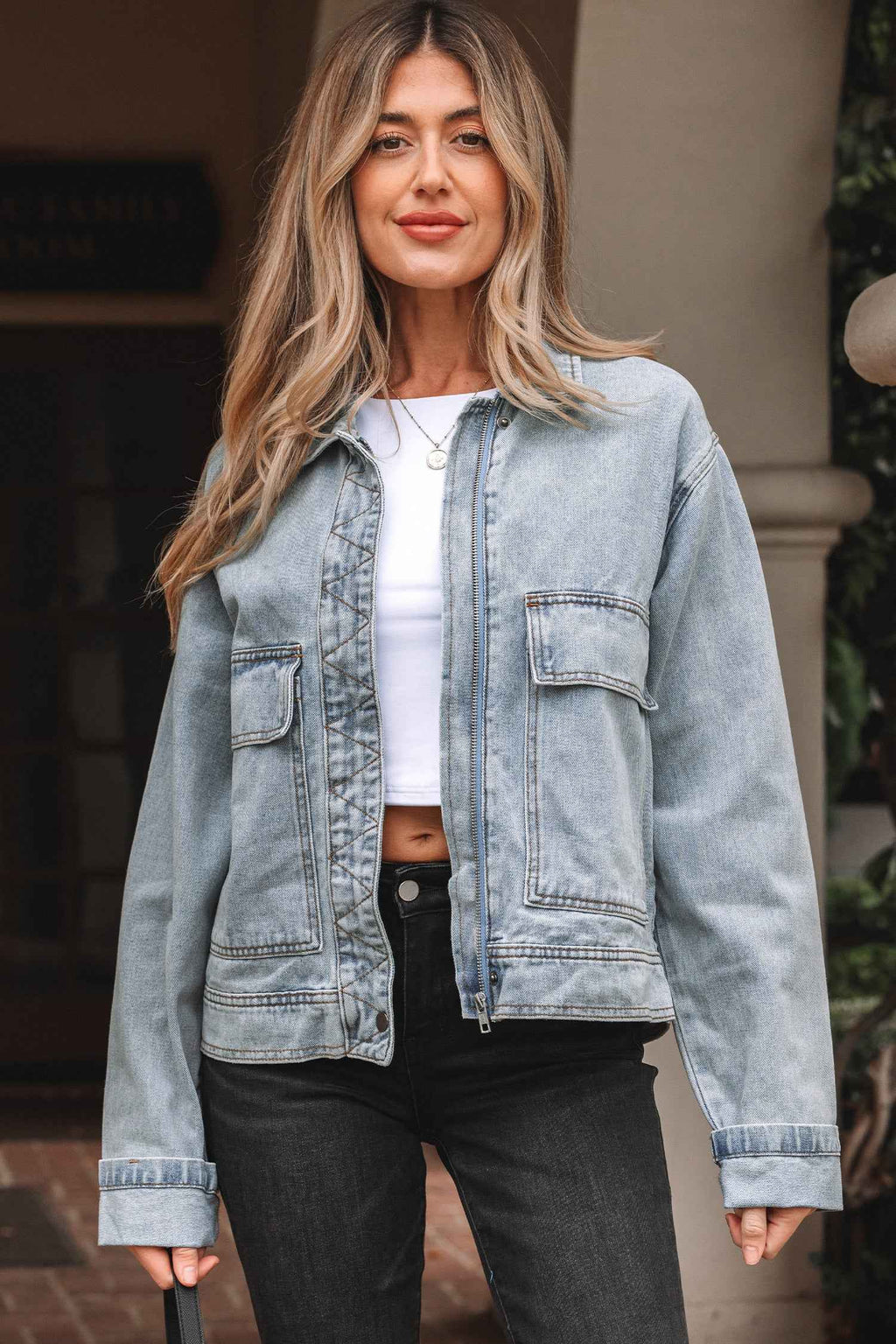 Beau Blue Street Style Zip Up Washed Denim Jacket