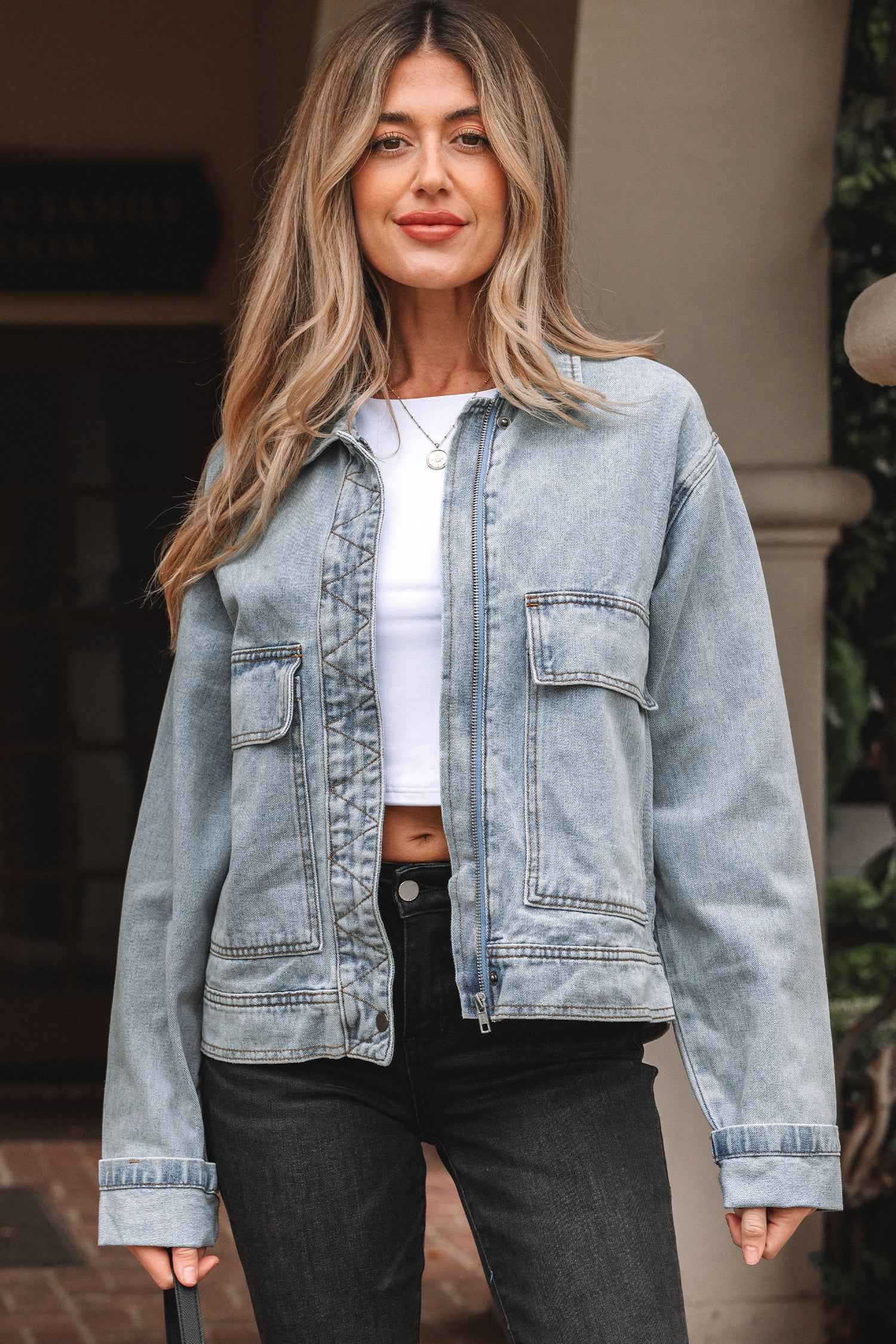 Beau Blue Street Style Zip Up Washed Denim Jacket
