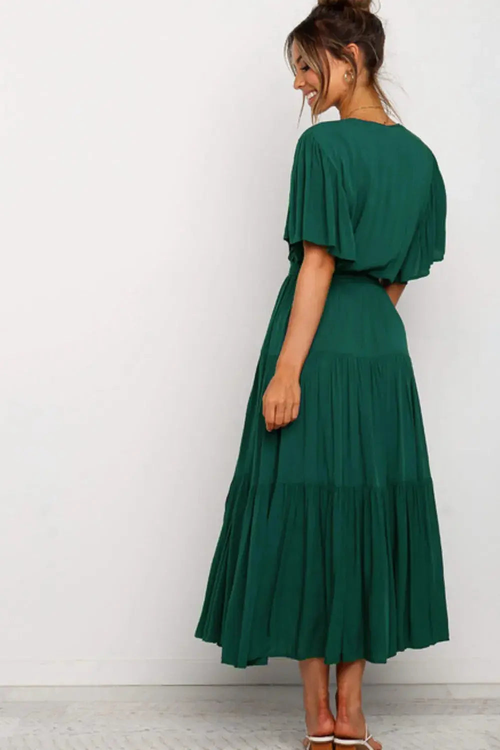 Front Tie Short Sleeve Tiered Midi Dress.