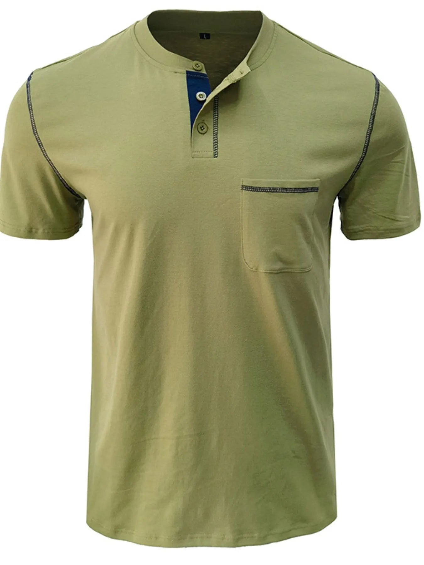 Men's Full Size Casual Henley T-Shirt with Contrast Stitching and Pocket Plus Size.