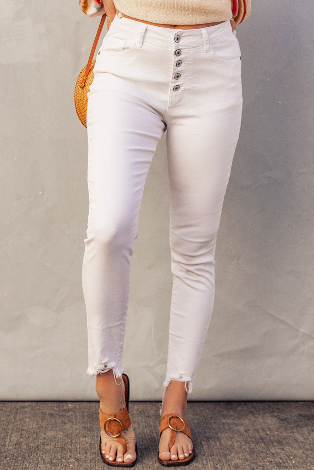 White Plain High Waist Buttons Frayed Cropped Denim Jeans Dear-Lover Dropshipping