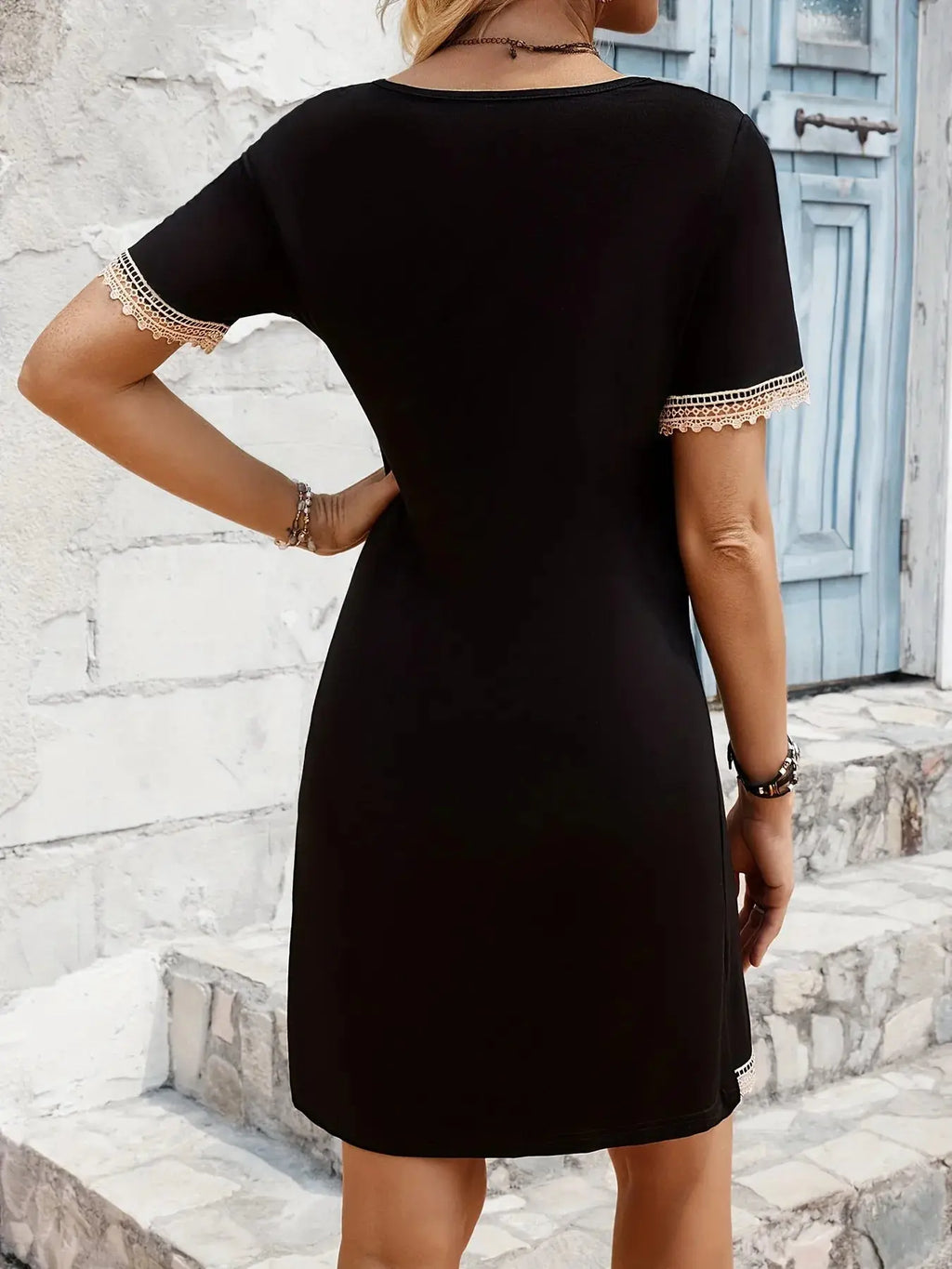 Boho Lace Trim V-Neck Mini Dress.