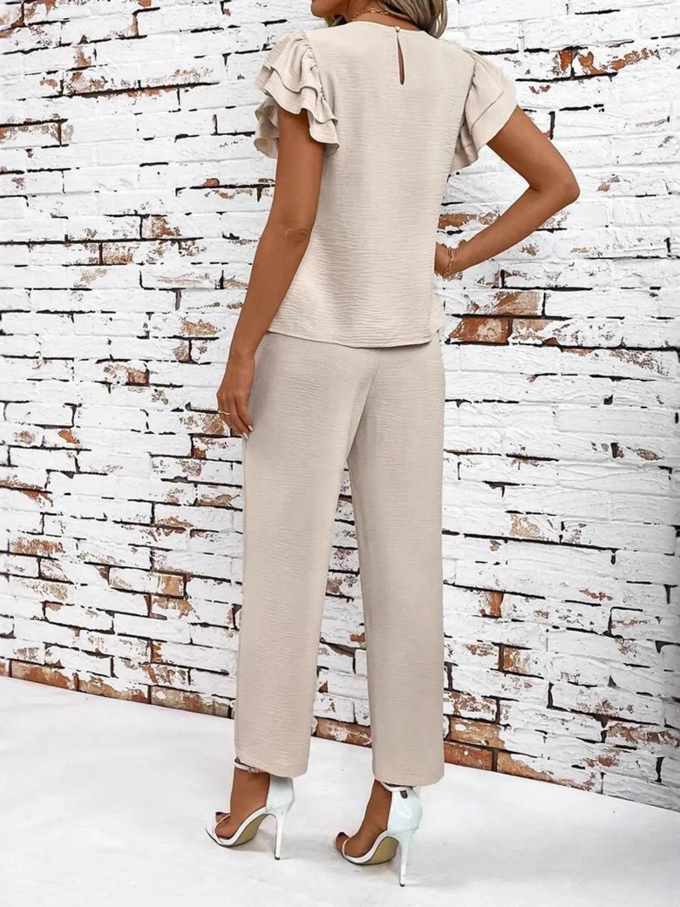 Casual Flutter Sleeve Top and Pants Two-Piece Set.
