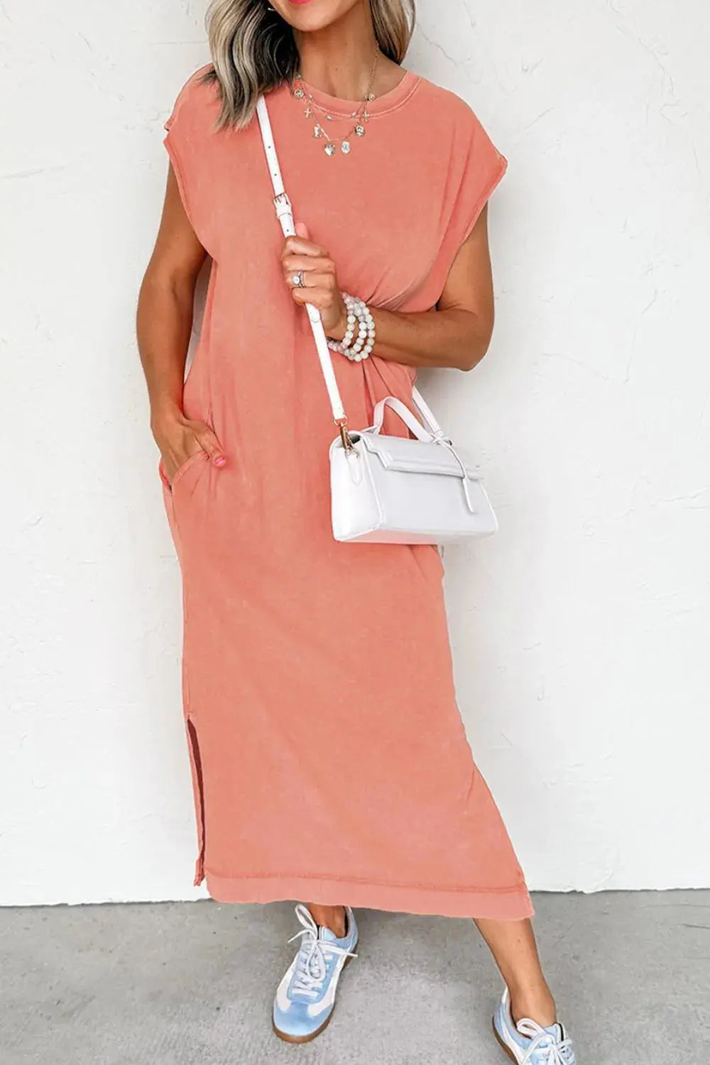 Side Split Round Neck Cap Sleeve T-Shirt Dress.