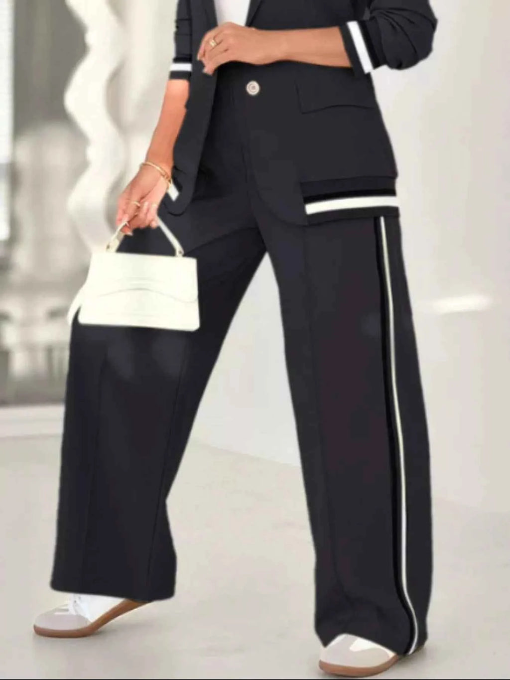 Full Size Striped Trim Button Down Jacket and Pants Set Plus Size