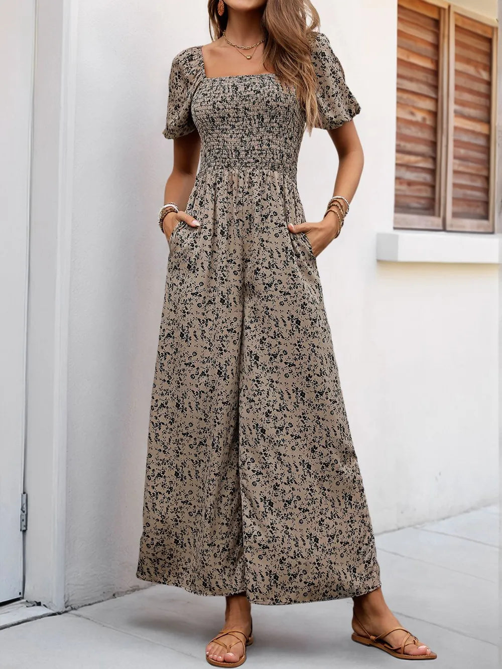 Perfee Smocked Printed Square Neck Puff Sleeve Jumpsuit.