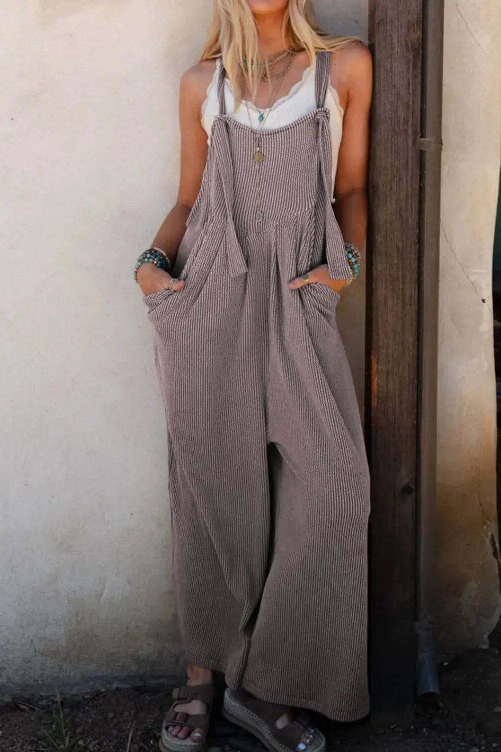 Corded Adjustable Straps Wide Leg Loose Overalls.