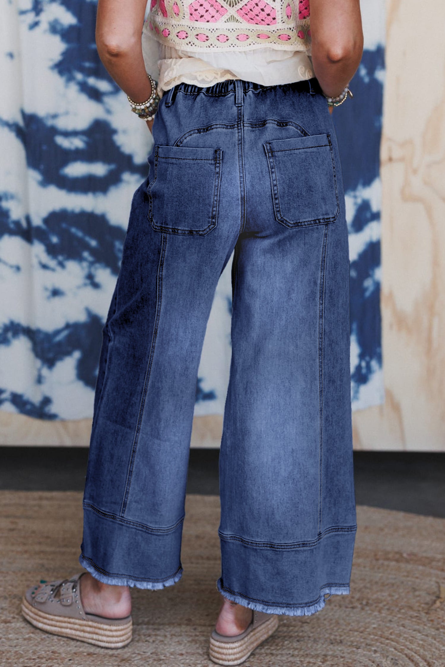 Prussian Blue Drawstring Seam Detail Raw Hem Wide Leg Denim Pants Dear-Lover Dropshipping