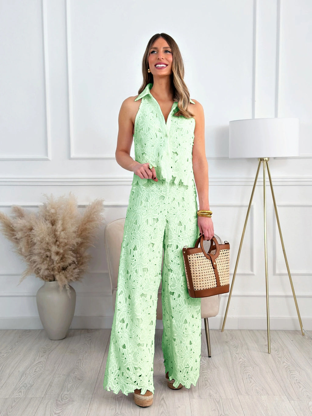 Summer Embroidered Hollow-out V-neck Top + Wide-leg Straight Long Pants Set