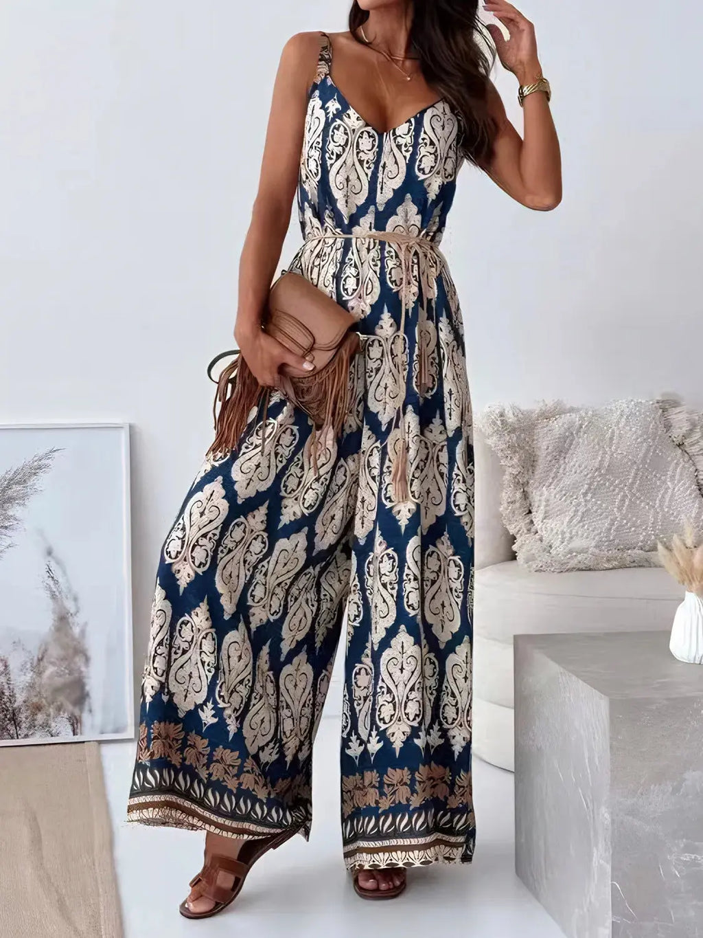 Printed V-Neck Wide Leg Jumpsuit.