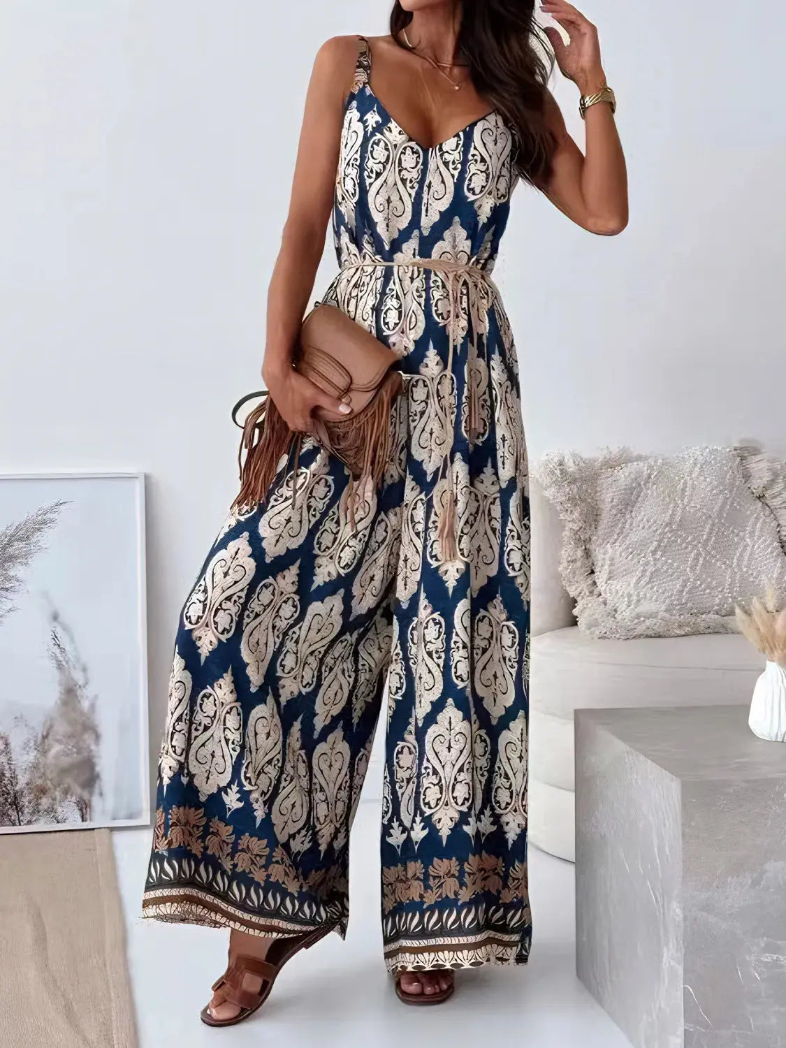 Printed V-Neck Wide Leg Jumpsuit.