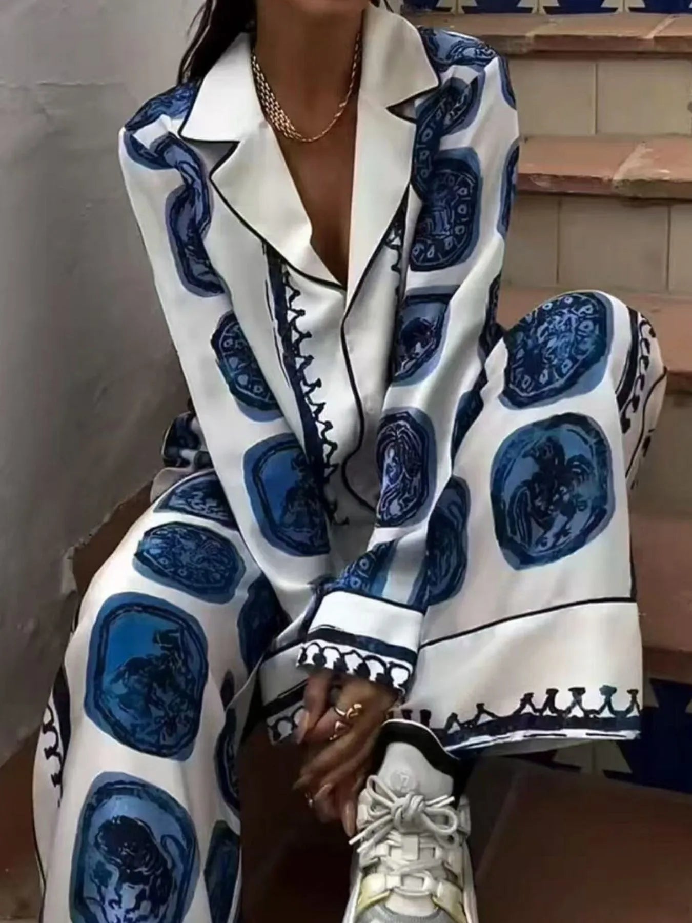 Printed Button Up Shirt and Pants Set.