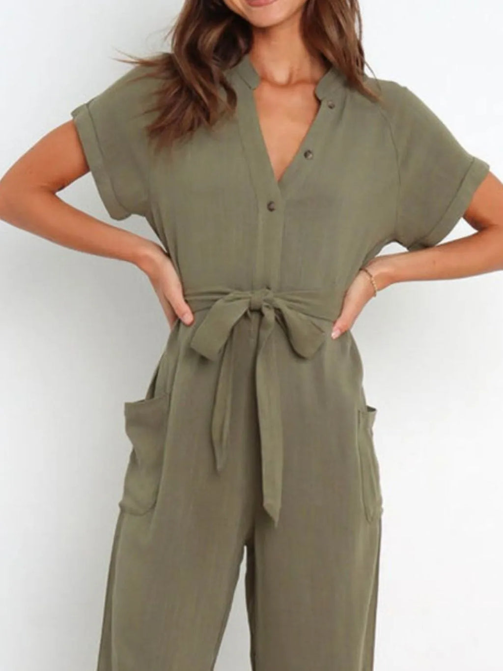 Notched Short Sleeve Tie Waist Jumpsuit.