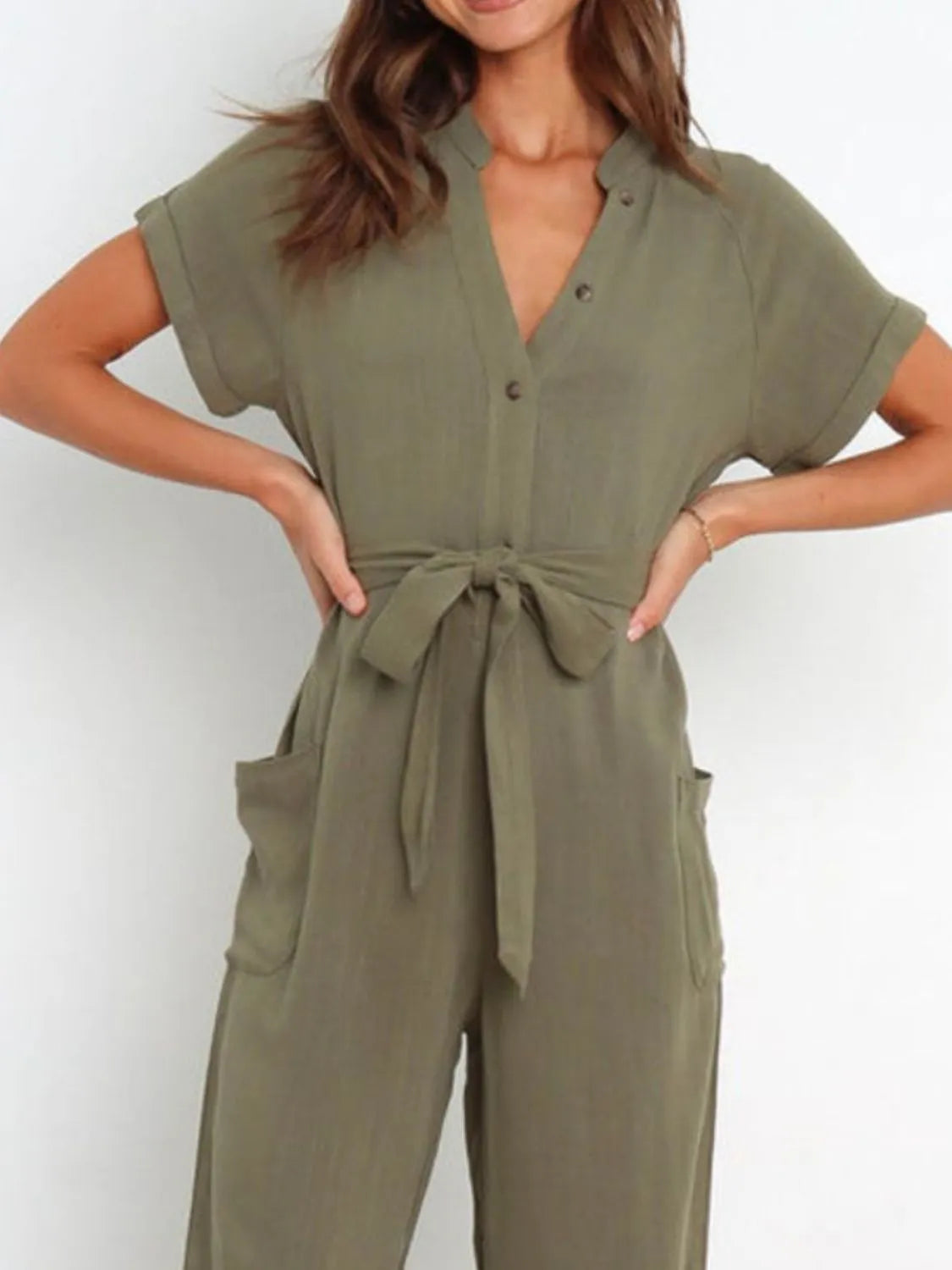 Notched Short Sleeve Tie Waist Jumpsuit.