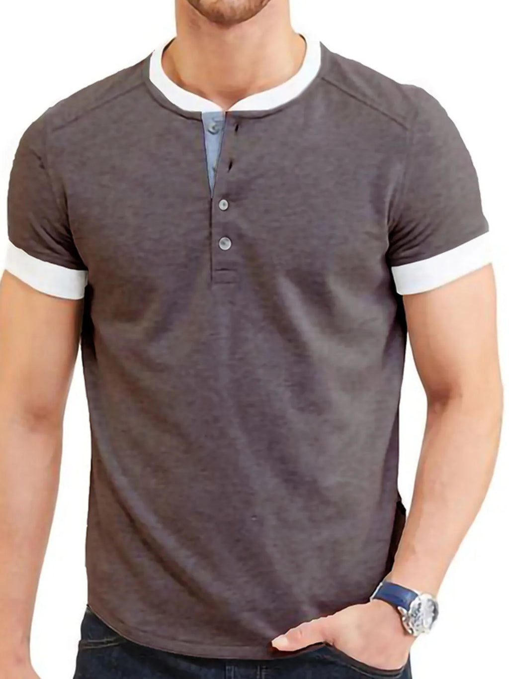 Men's Contrast Trim Henley Top.