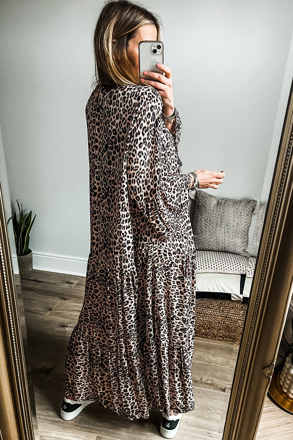 Apricot Leopard Print Tiered Wide Sleeve Maxi Dress Dear-Lover Dropshipping