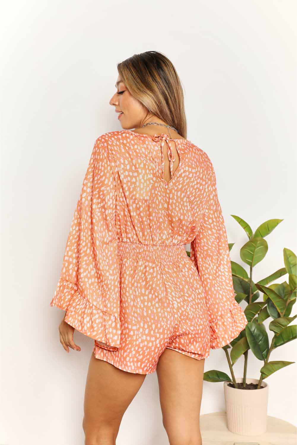 Double Take Printed Flare Sleeve Surplice Romper - CHIC TB