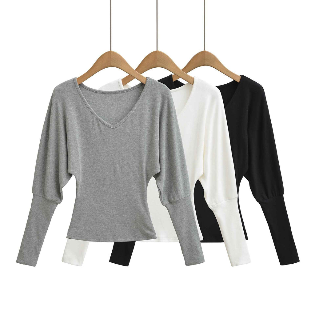 V-neck waist cinching elastic slim fit top T-shirt