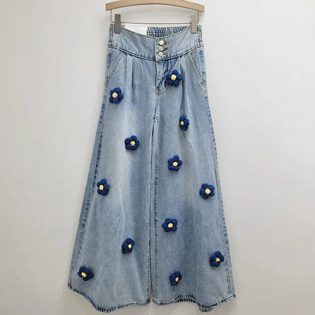 Vintage black floral wide leg jeans with loose fit high waist wide legs floor length pants