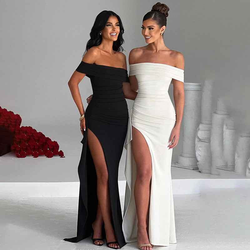 One shoulder slit elegant slim fit dress for women long skirt