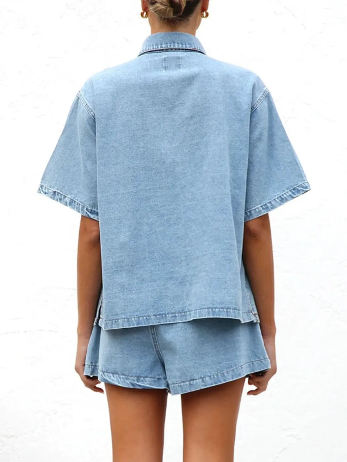 Button Up Short Sleeve Top and Shorts Denim Set.