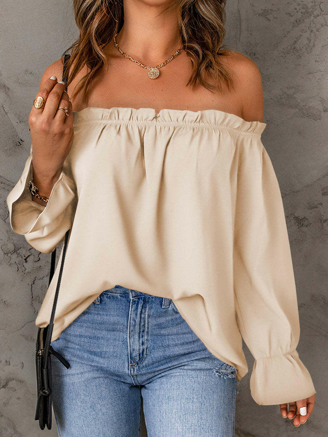 Off-Shoulder Flounce Sleeve Blouse.
