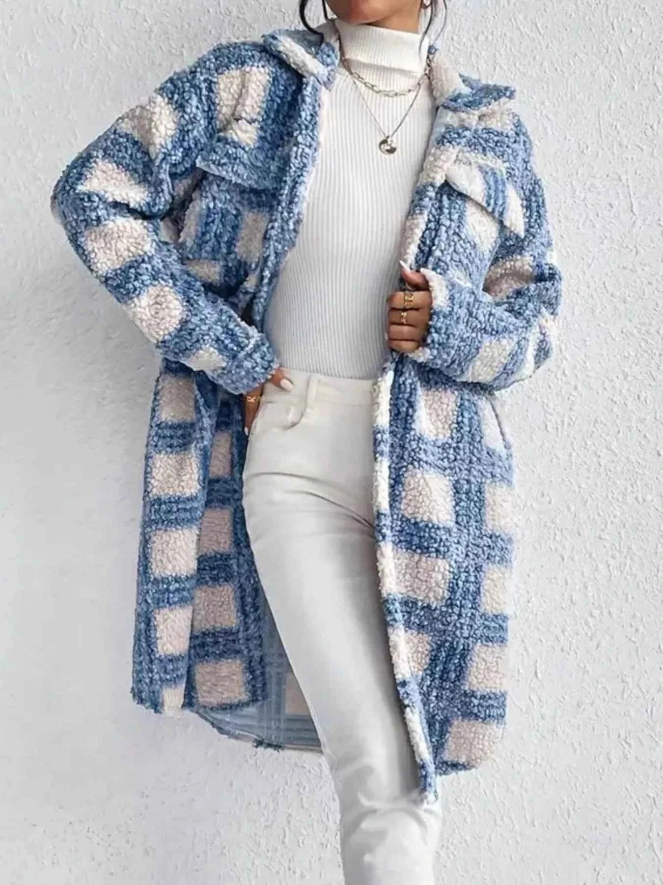 Plaid Button Up Long Sleeve Fleece Coat