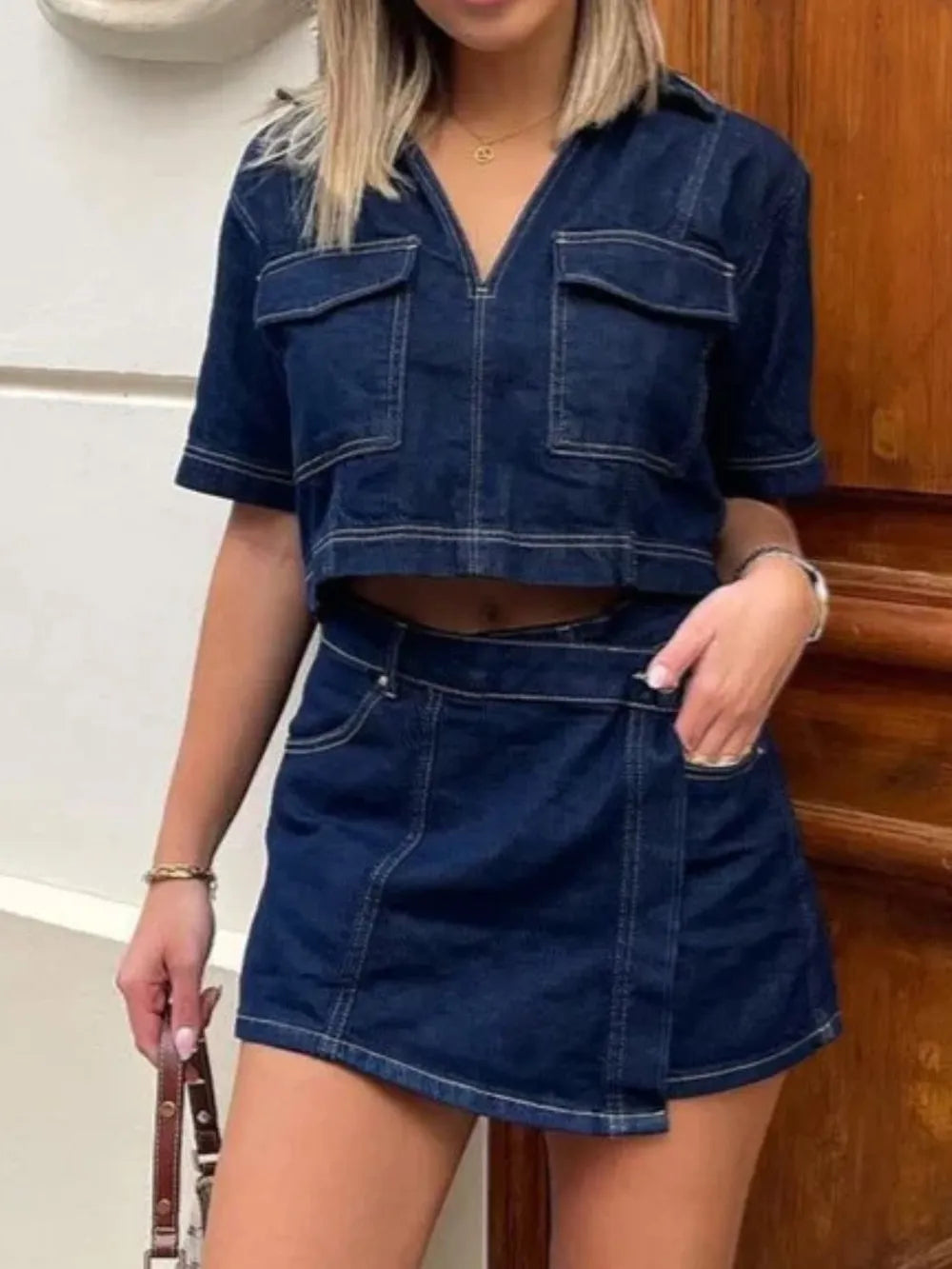 Johnny Collar Short Sleeve Top and Skort Denim Set - CHIC TB