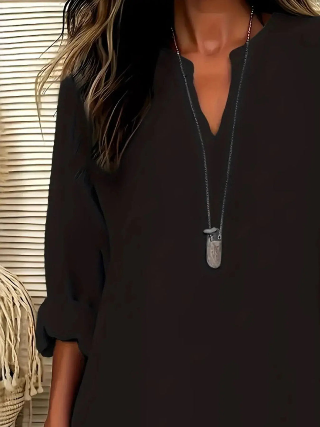 Notched Long Sleeve Casual Blouse.