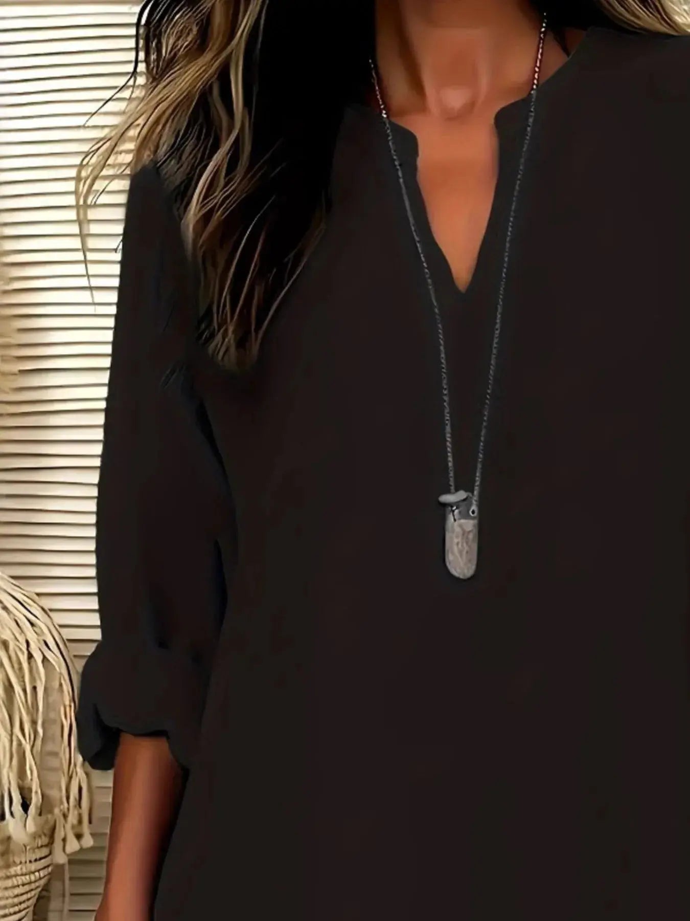 Notched Long Sleeve Casual Blouse.