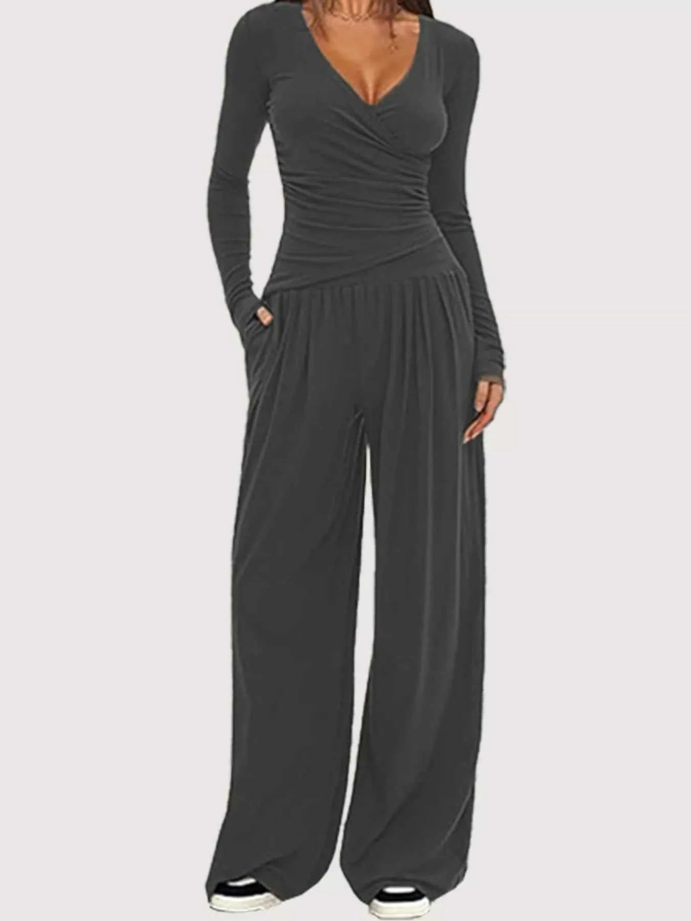 Casual Long Sleeve Top and Wide Leg Pants Set