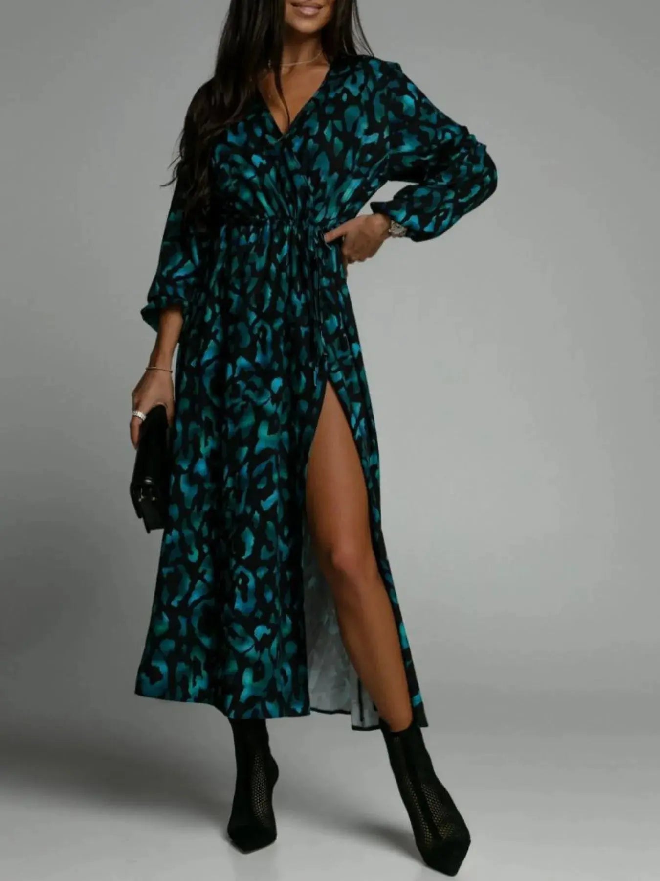 Printed Surplice Long Sleeve Midi Dress.