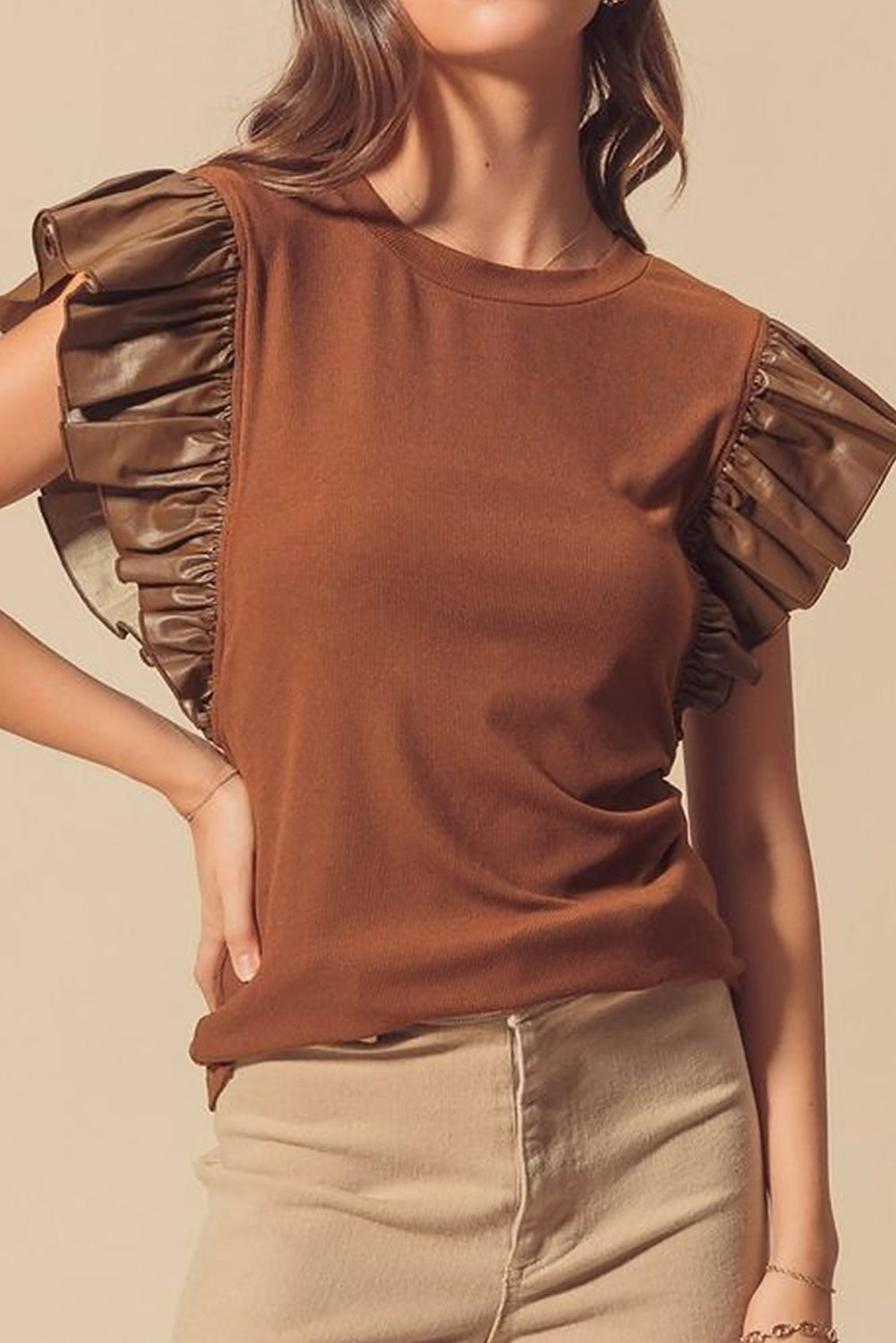 Cinnamon Leather Ruffle Sleeve Patchwork Round Neck Blouse Dear-Lover Dropshipping
