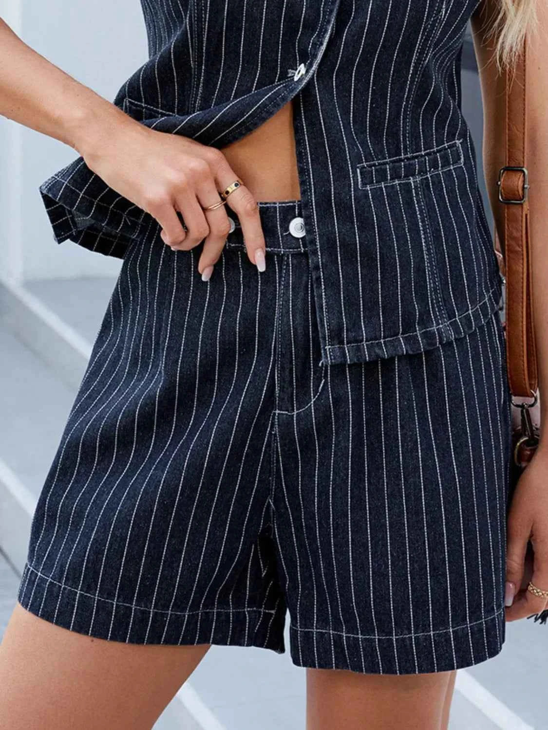 Round Neck Striped Top and Shorts Denim Set.