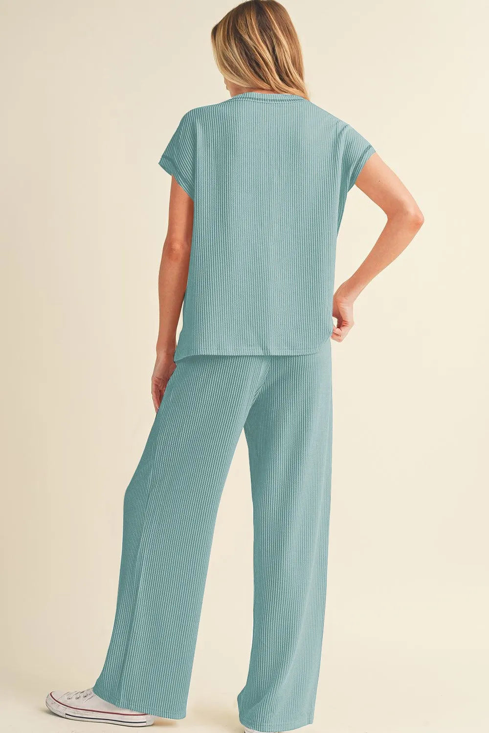 Solid Color Corded Short Sleeve Top and Casual Pants Set.