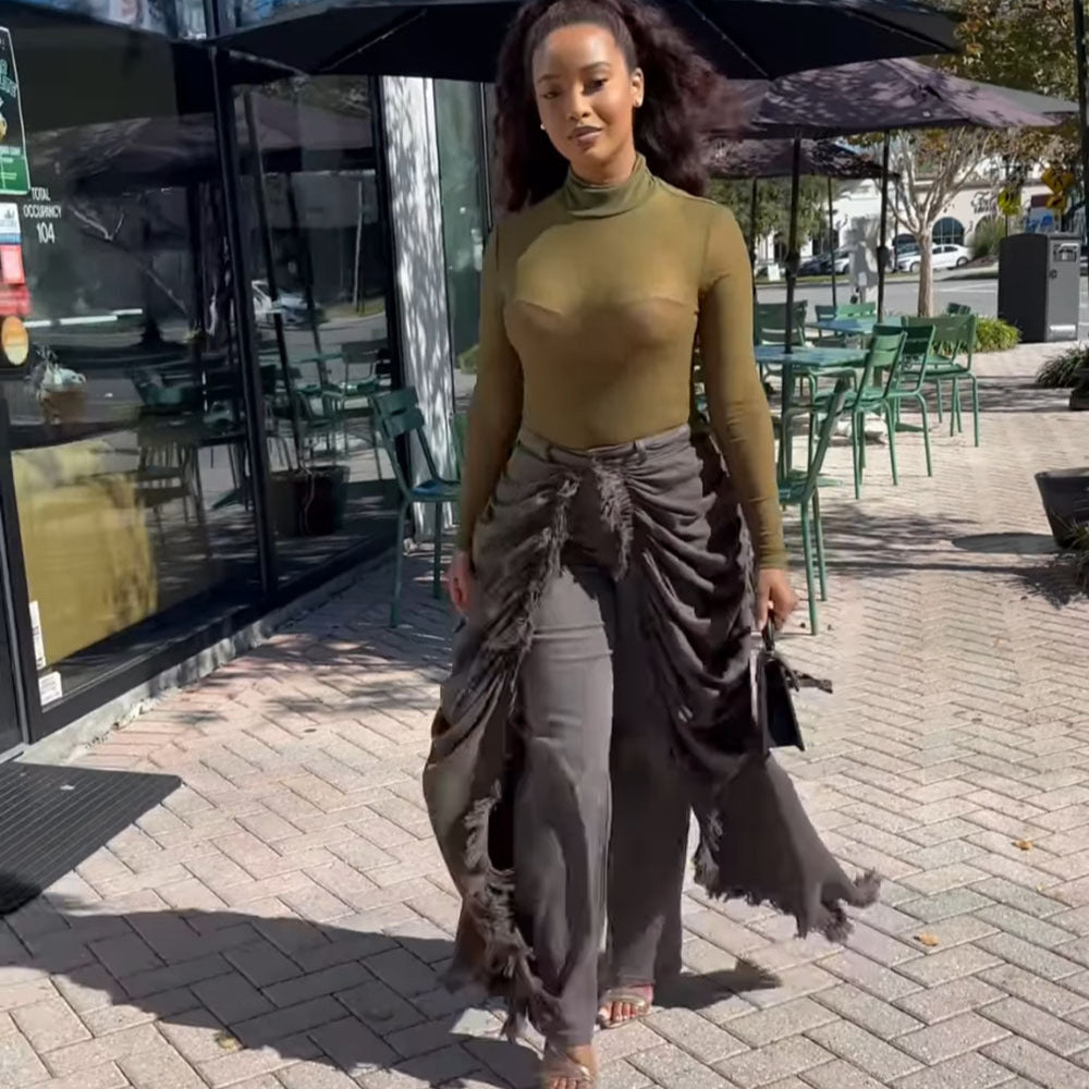 High-Waist Jeans for Women, Fashionable and Unique Pleated Brushed Edge Straight Leg Pants eprolo