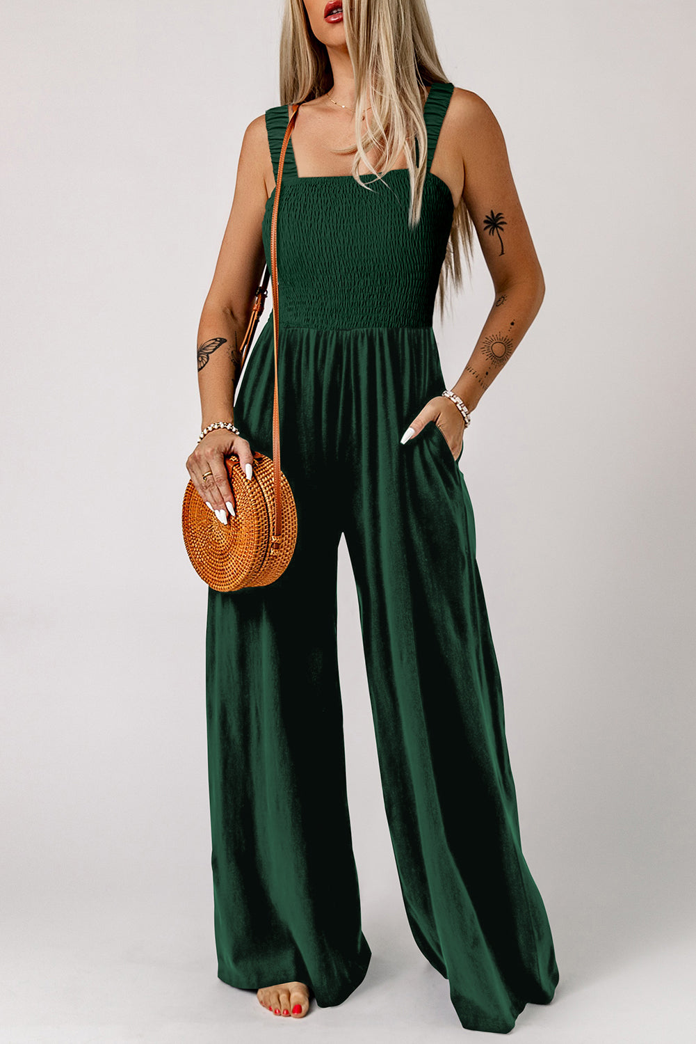 Green Smocked Sleeveless Wide Leg Jumpsuit with Pockets Dear-Lover Dropshipping
