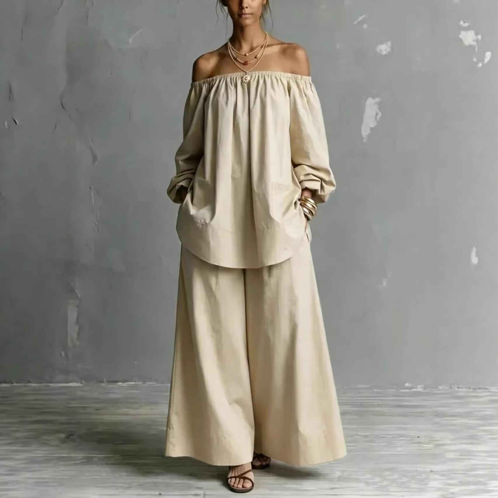 Off-shoulder Womens Cotton And Linen Wide-leg Pants Set