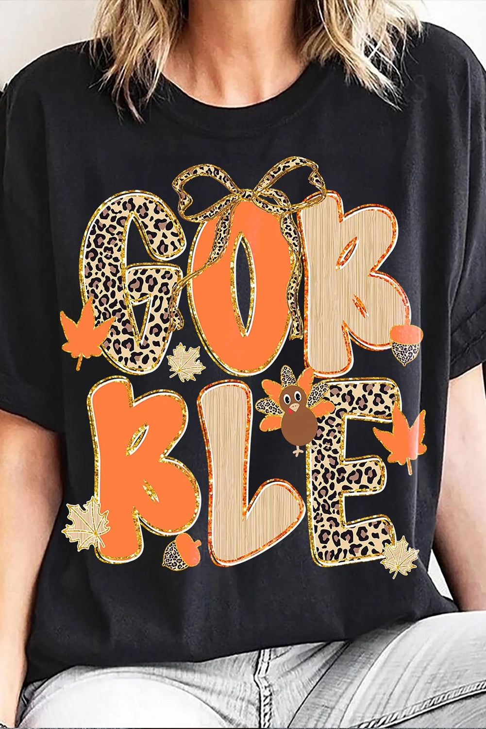 Black GOBBLE Leopard Letter Print Turkey Bow Graphic T Shirt Dear-Lover Dropshipping