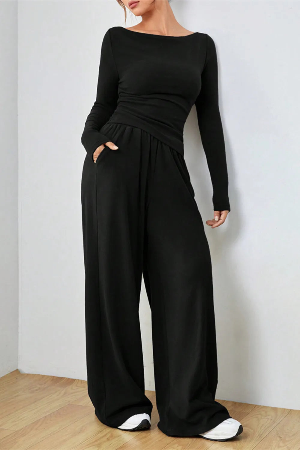 Boat Neck Long Sleeve Top and Pants Set.