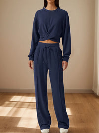 Crisscross Round Neck Top and Drawstring Pants Set.