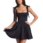 Square collar high waisted pleated patchwork bow suspender dress