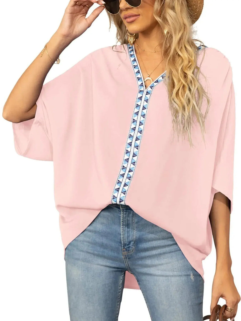 Oversized Contrast V-Neck Half Sleeve Blouse.