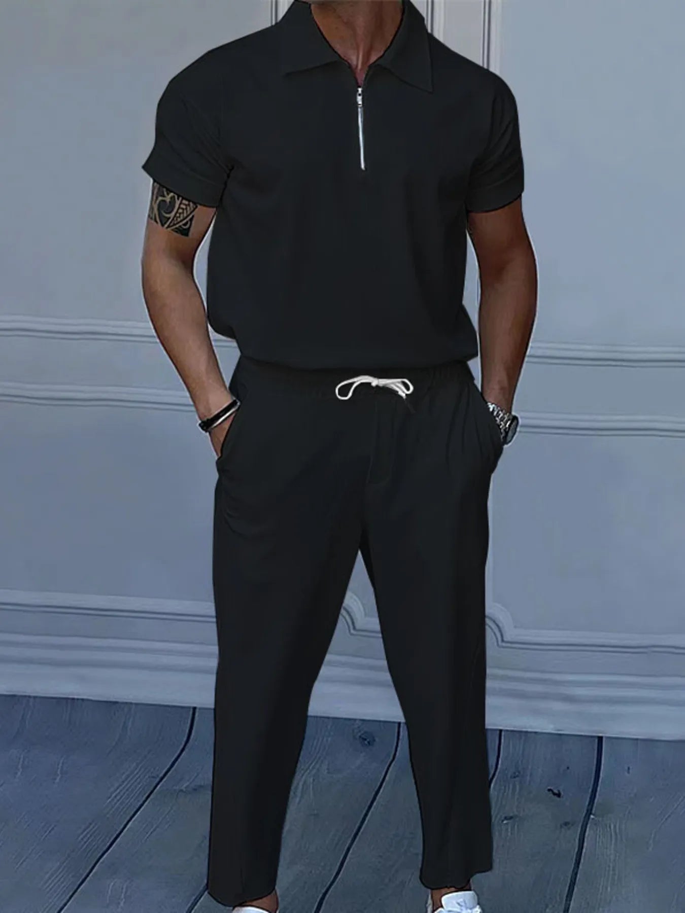 Quarter Zip Short Sleeve Polo and Pants Set Plus Size.