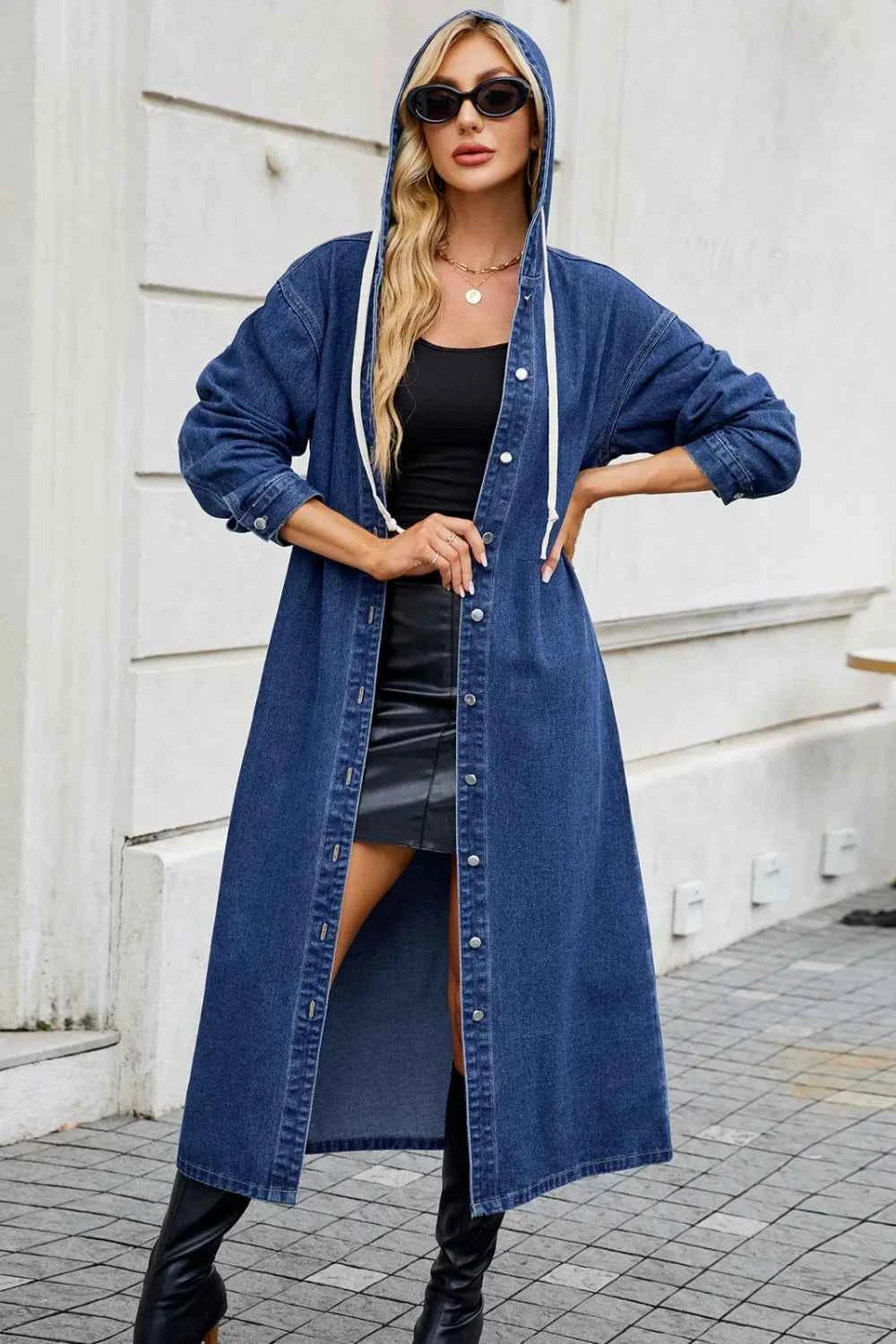 Button Up Long Sleeve Longline Hooded Denim Outerwear.