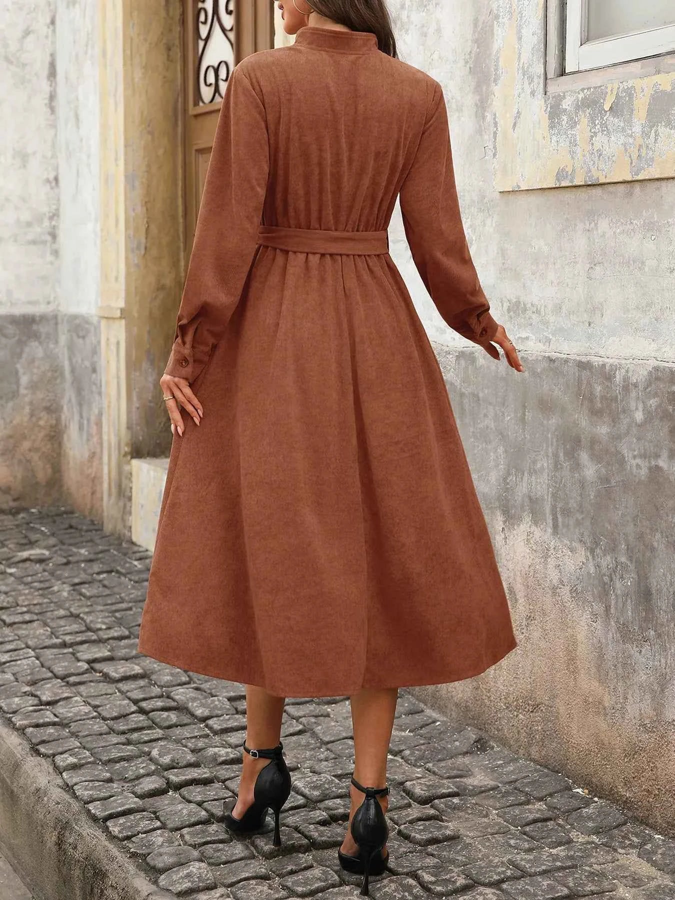 Long Sleeve Button Front Belted Midi Dress