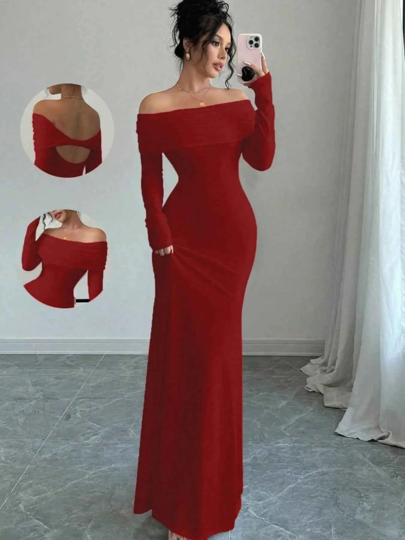 Off-Shoulder Long Sleeve Bodycon Maxi Dress