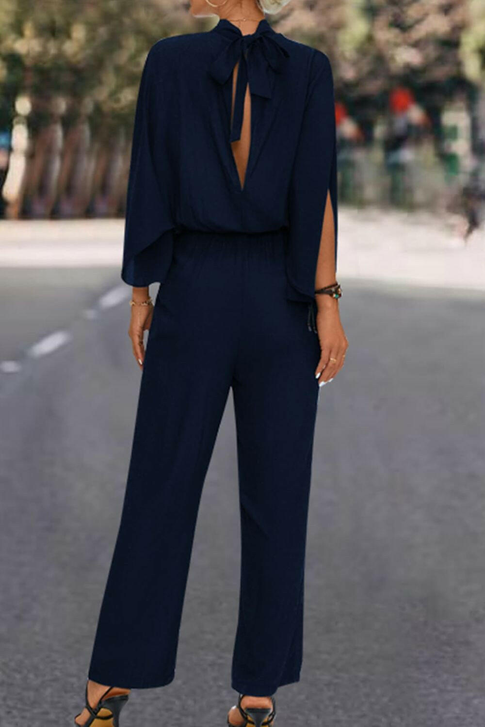 Tie Back Mock Neck Split Sleeve Jumpsuit.